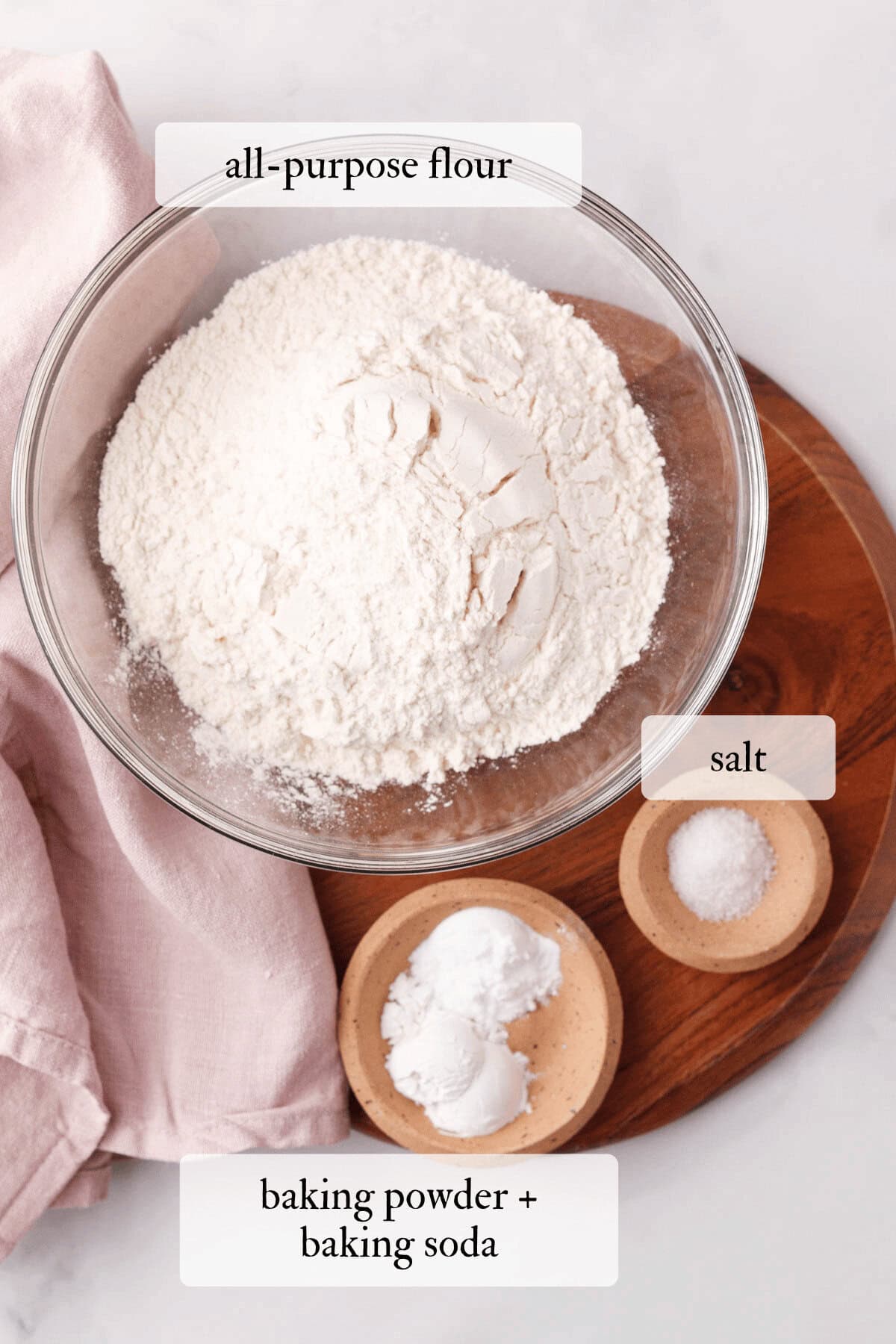 overhead image of strawberry chocolate chip bread dry ingredients with labels