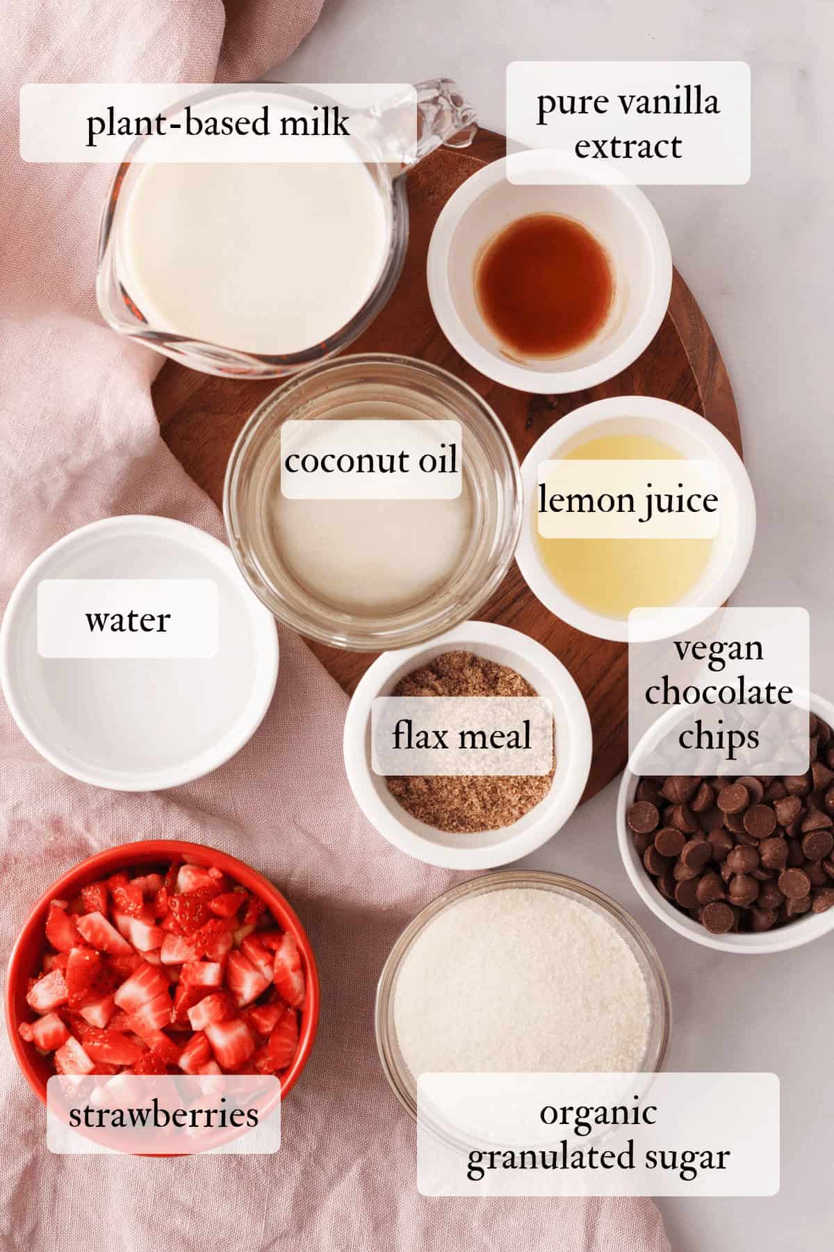 overhead image of strawberry chocolate chip bread ingredients with labels