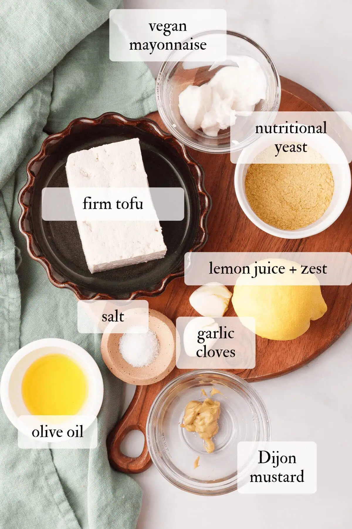 overhead image of ingredients for vegan whipped feta with text labels