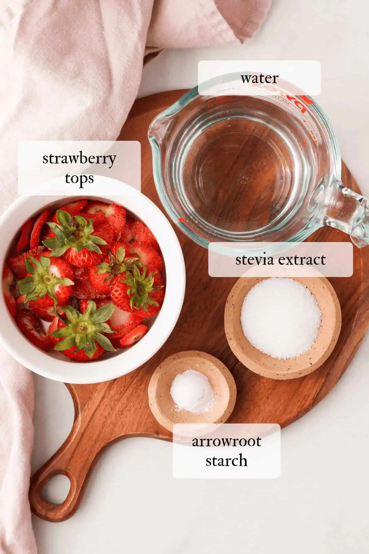 overhead image of ingredients for strawberry syrup with text labels 