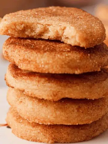 side closeup of cinnamon shortbread cookies stacked with a bite removed from the top cookie to show interior texture