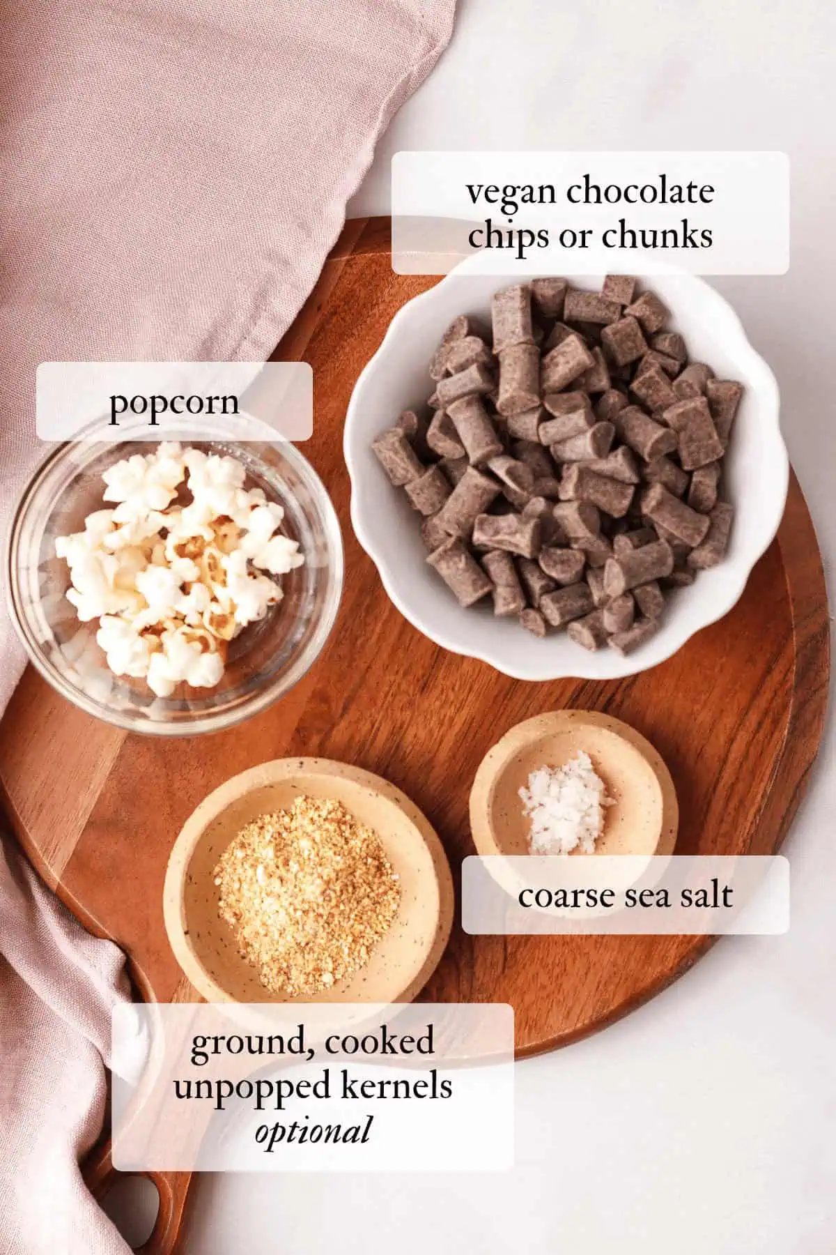 overhead image of ingredients for popcorn bark on counter with identifying labels