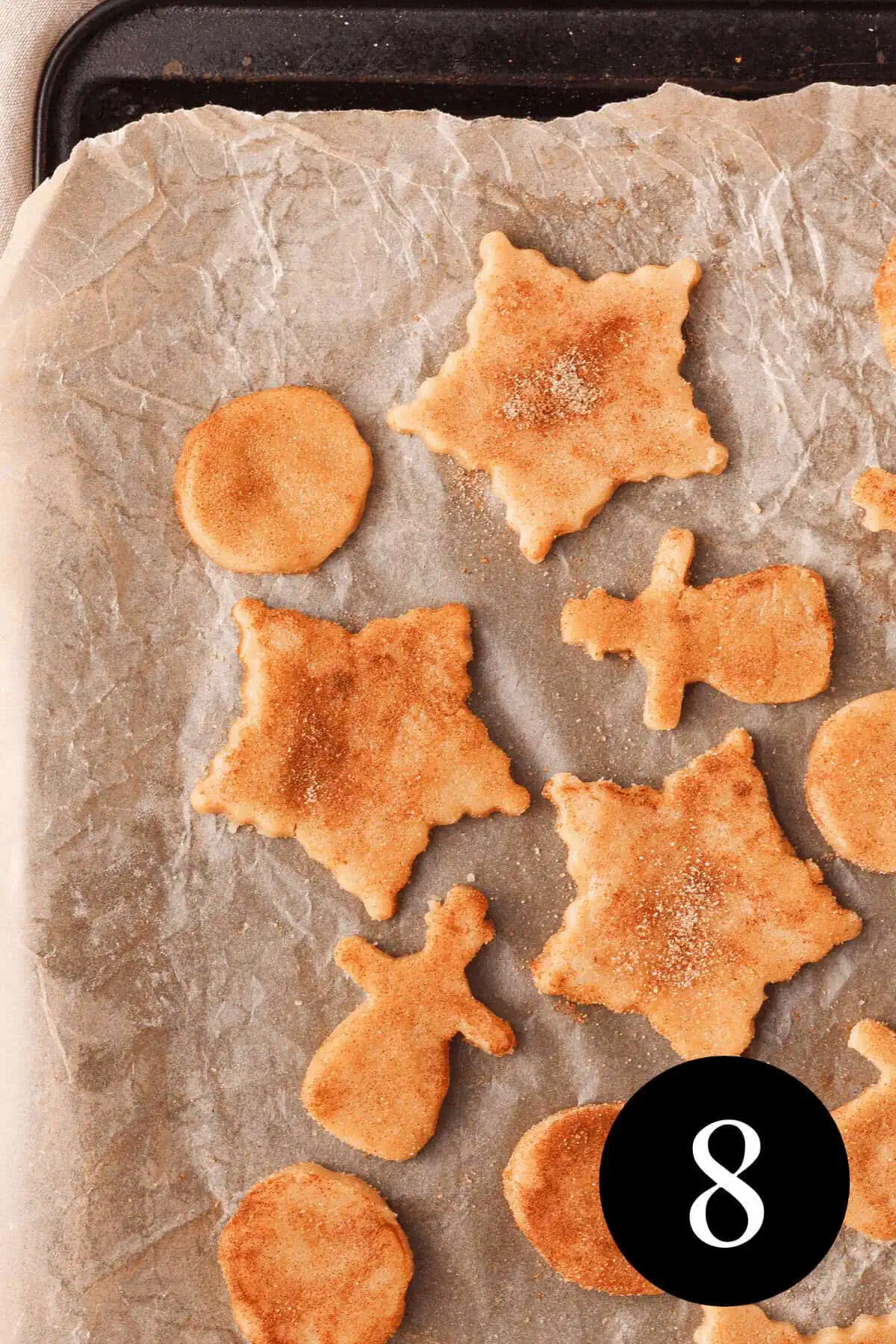 overhead image of cookies with cinnamon sugar coating on cookie sheet before baking