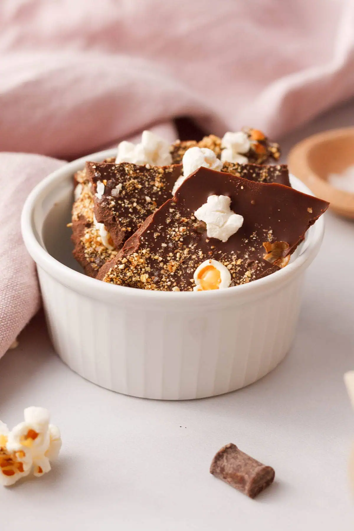 popcorn bark pieces in ramekin