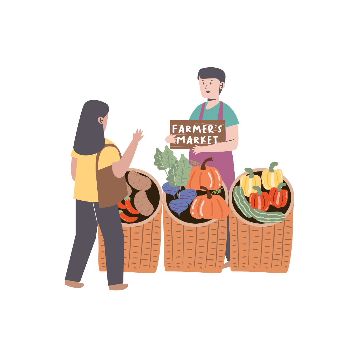 graphic of woman shopping at farmers market stand and speaking to grower