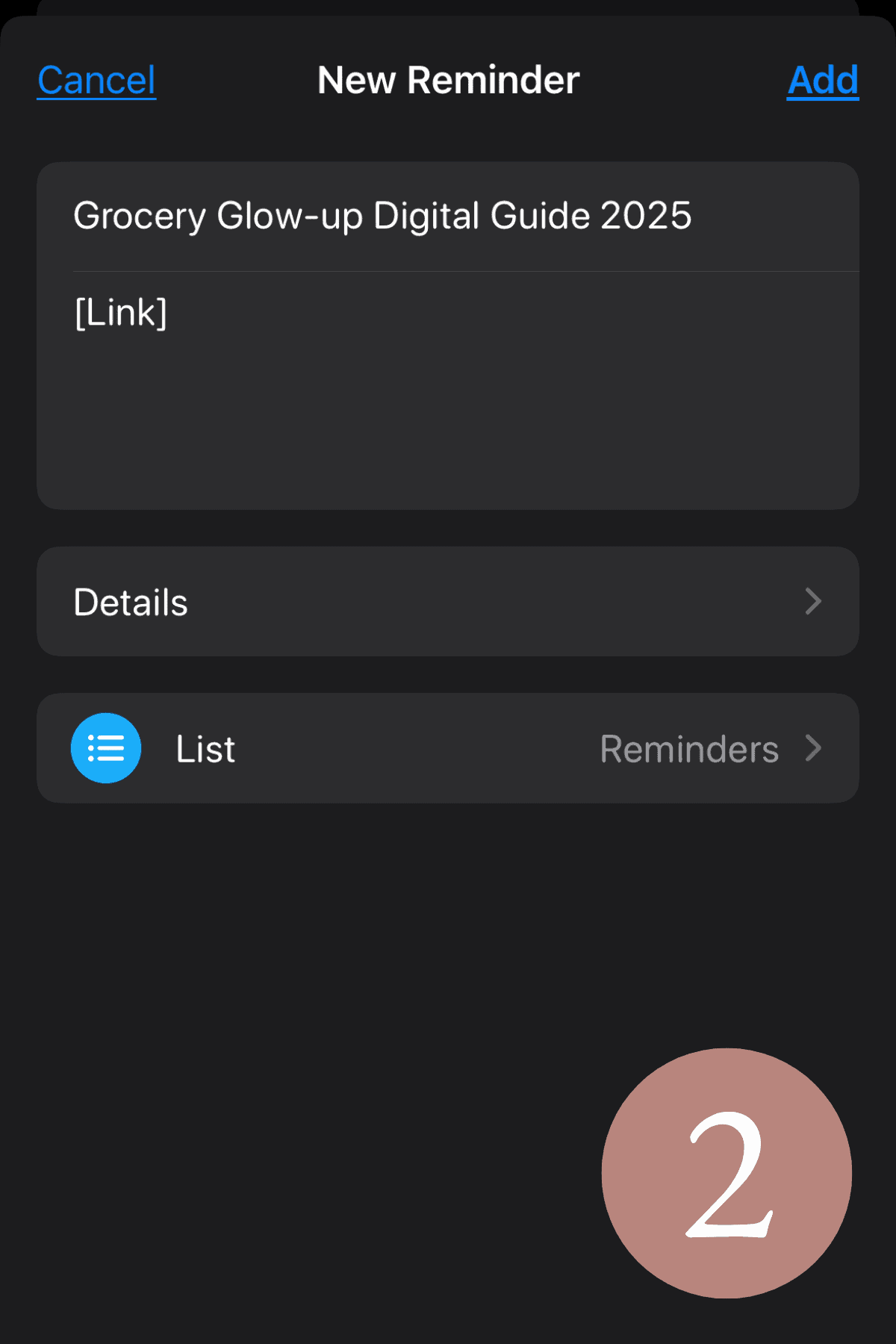 screenshot of reminder details and interface on iphone