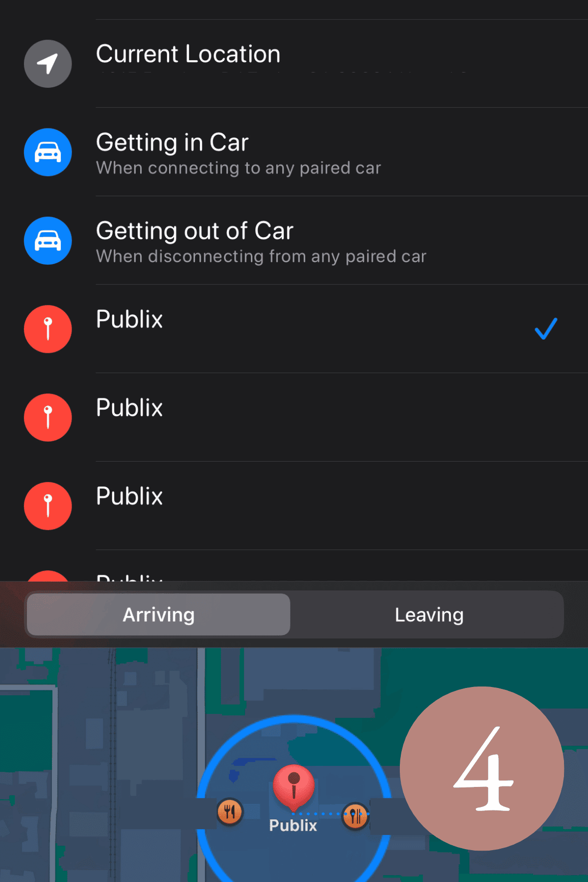 searching a location in the iphone reminder dashboard
