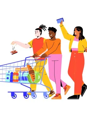 graphic of three people grocery shopping and adding food to cart