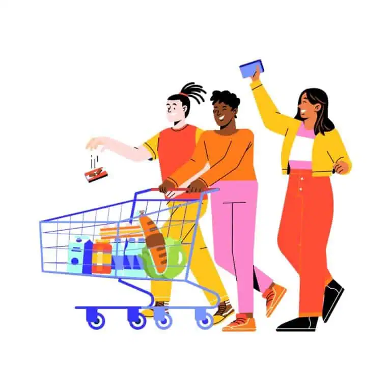 graphic of three people grocery shopping and adding food to cart