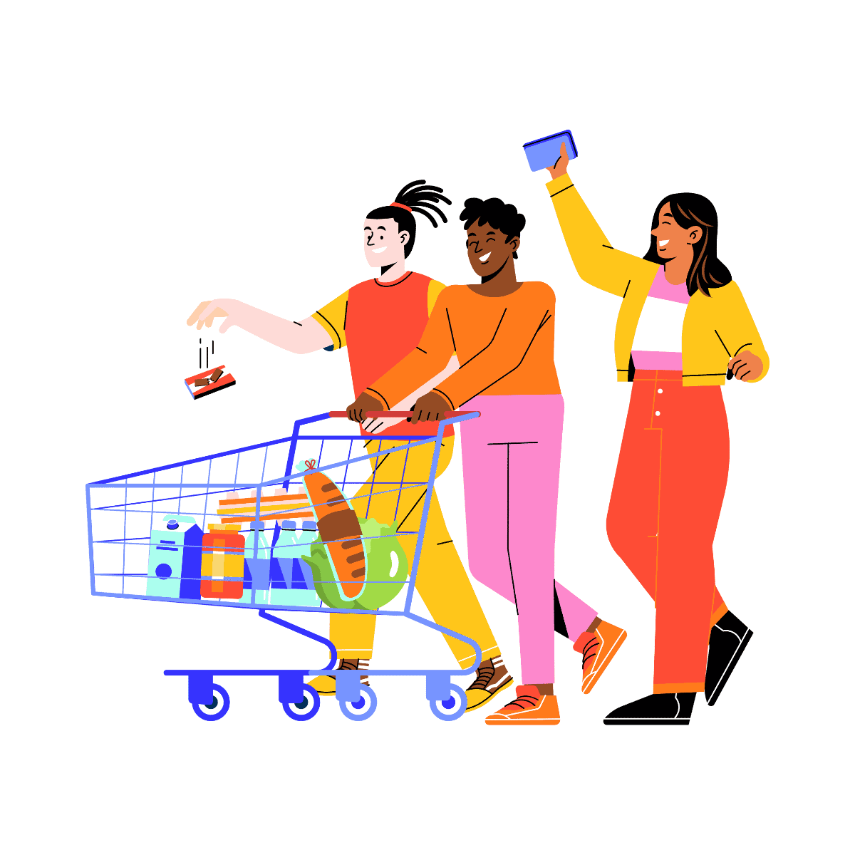 graphic of three people grocery shopping and adding food to cart