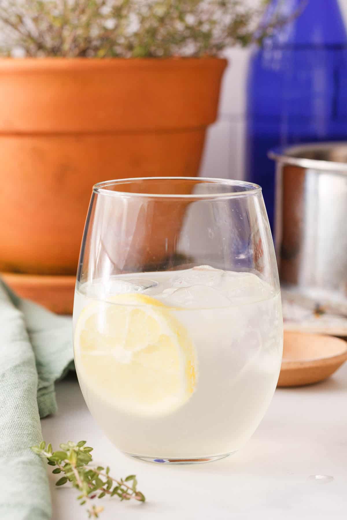 closeup of thyme simple syrup in a glass with seltzer water and lemon slice against side of glass