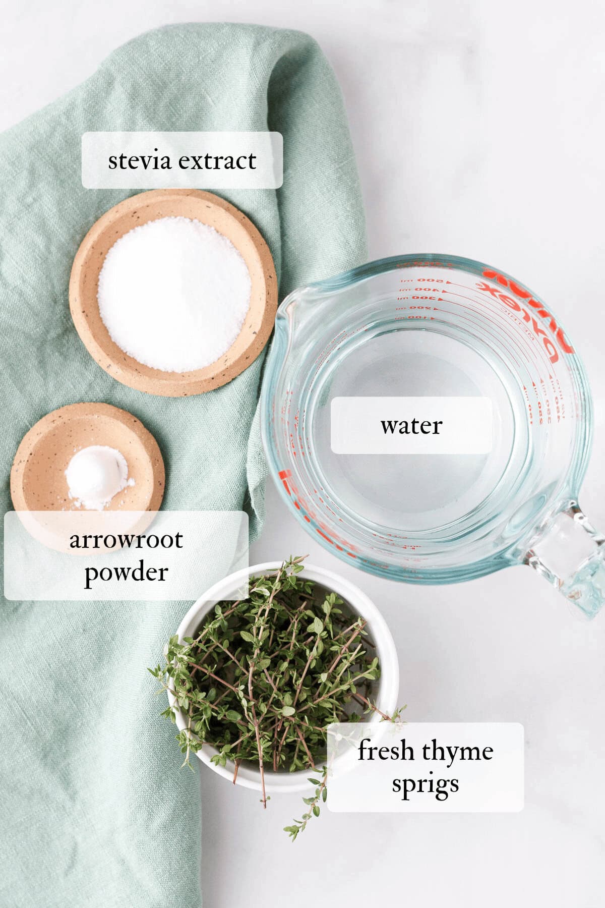 overhead image of ingredients for thyme simple syrup with text labels