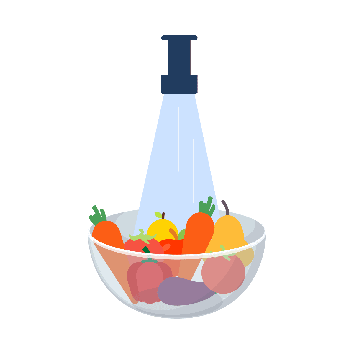 graphic of bowl of fruits and veggies under running water