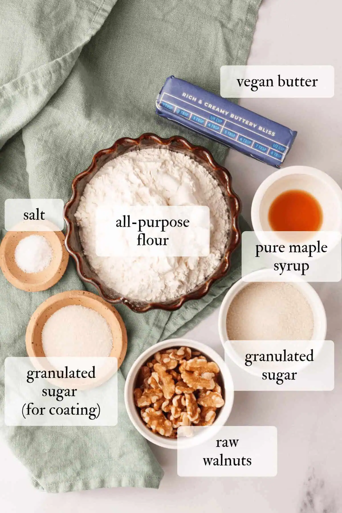 overhead image of walnut shortbread cookie ingredients with text labels