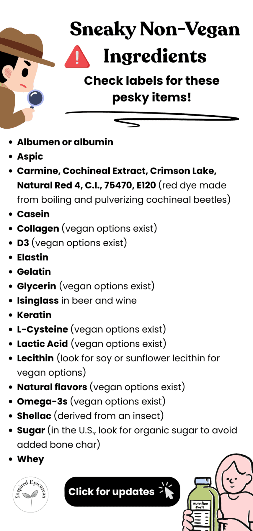 infographic list of uncommon vegan ingredients in bullet point form with title across the top and graphics of people reading labels in the top left and bottom right corners