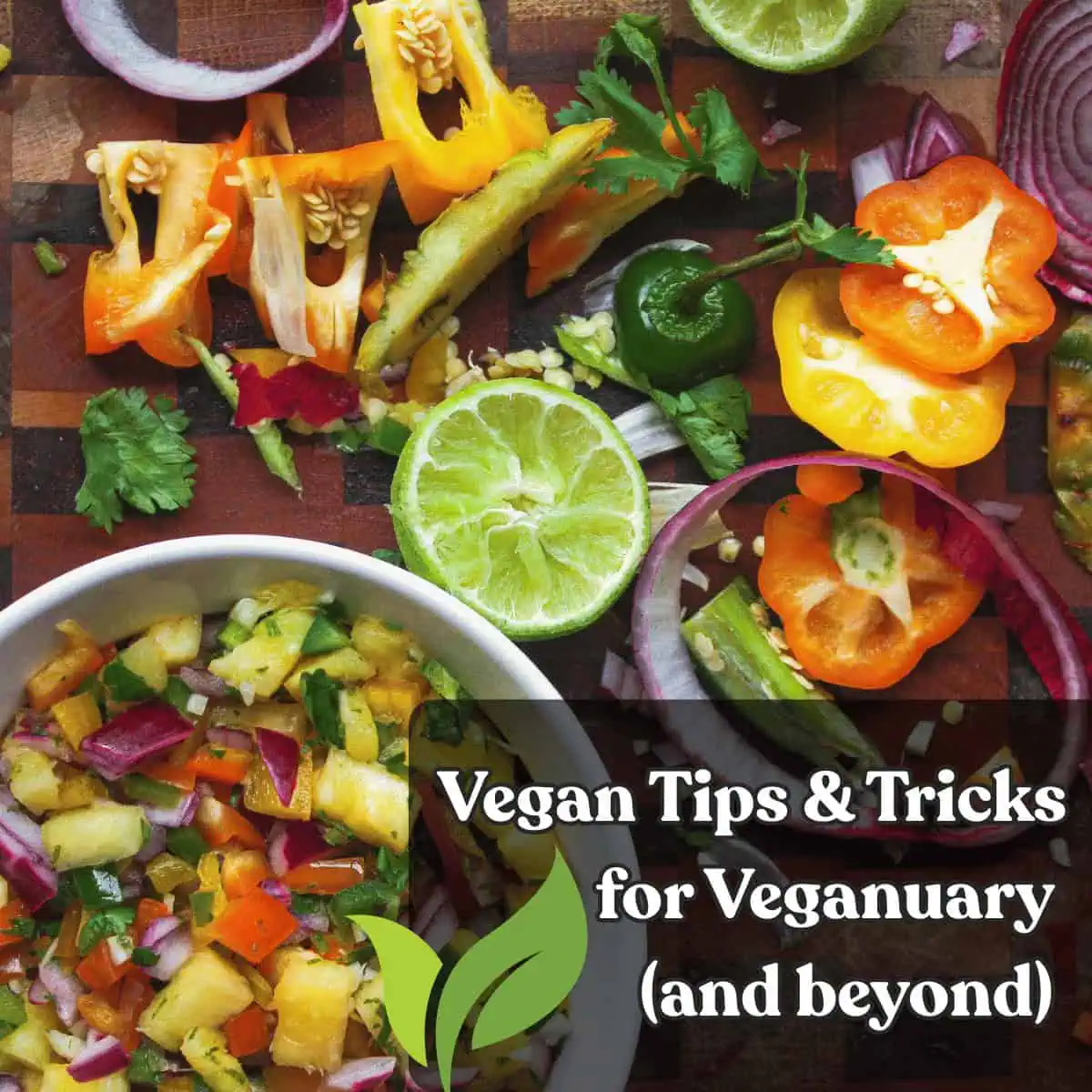 overhead image of chopped veggies on cutting board with blog post title in bottom right corner