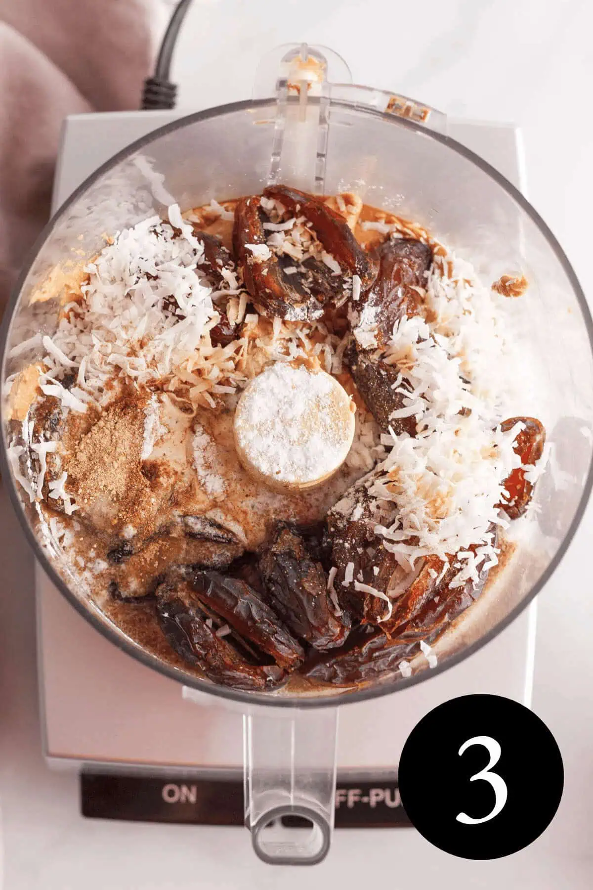 overhead image of initial ingredients in food processor before blending and number three in the bottom right corner