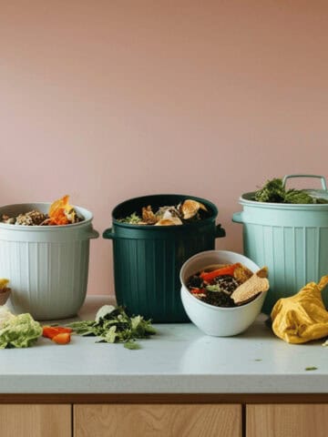 an image of compost bins on counter with food scraps