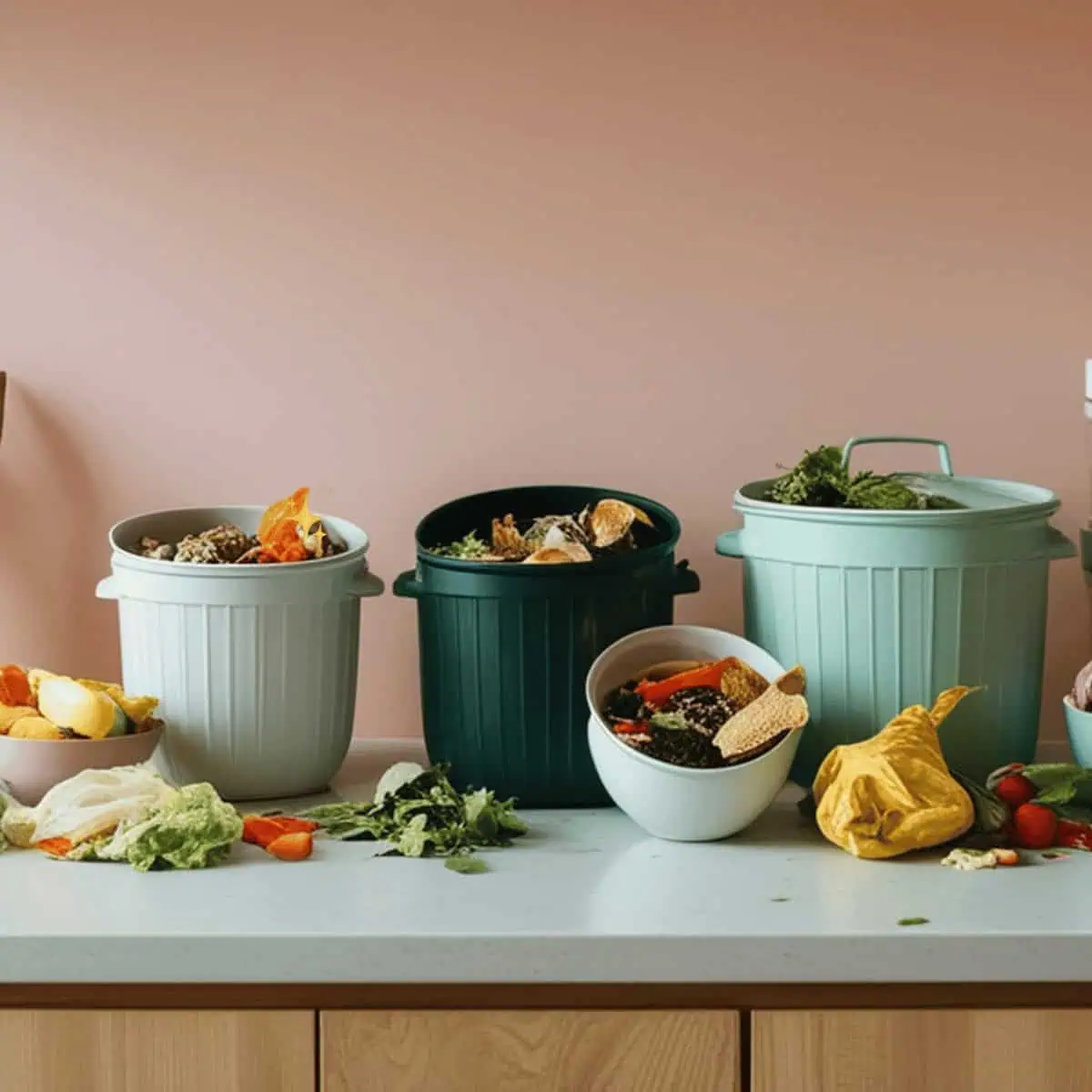 an image of compost bins on counter with food scraps