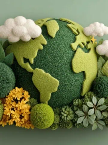 photo of 3D Earth artwork with clouds and plants framing the planet