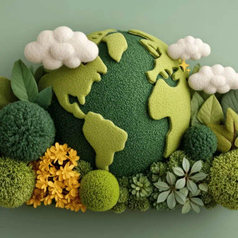 photo of 3D Earth artwork with clouds and plants framing the planet