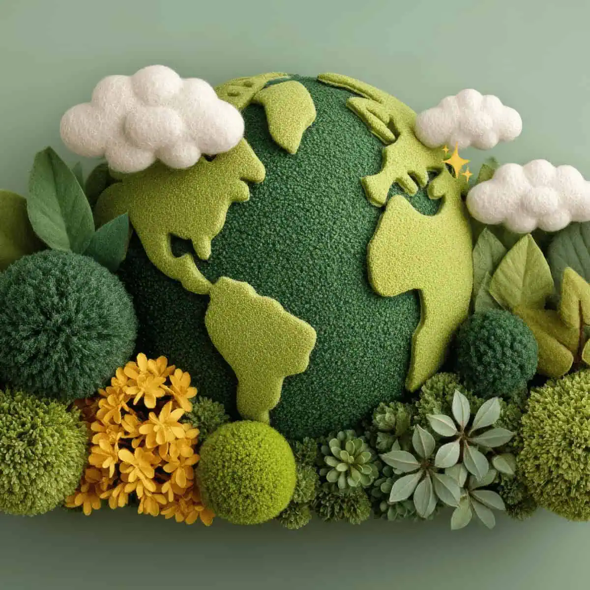 photo of model earth surrounded by clouds and plants made of various textures