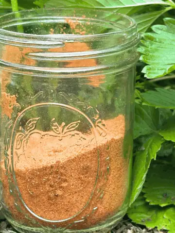 avocado seed powder in mason jar with strawberry leaves to the right