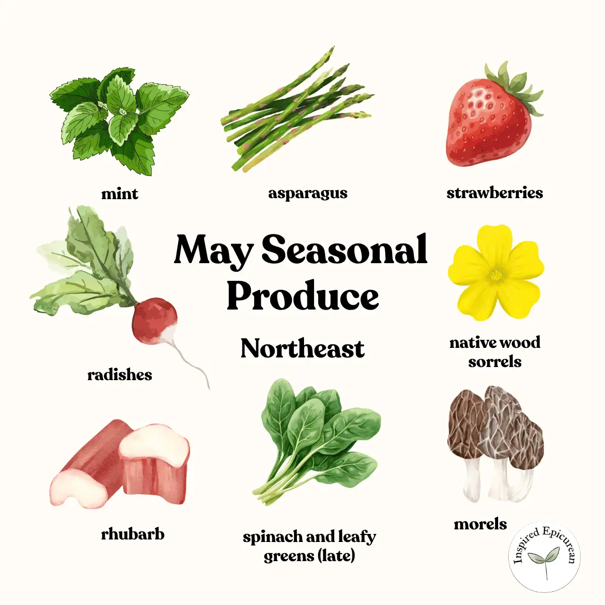 graphics of select in-season produce for may in the northeast with text in the center