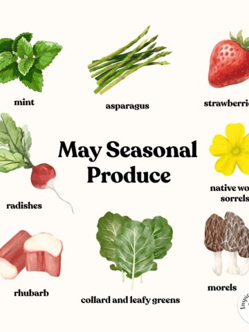 graphic showing broad seasonal May produce with text in center