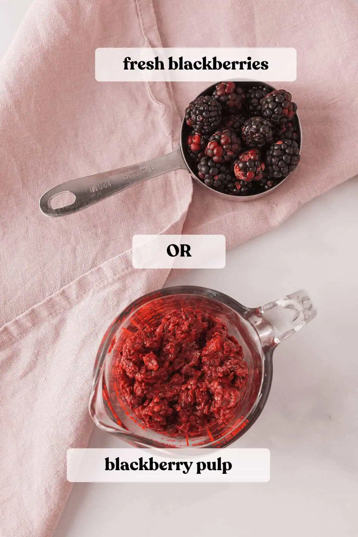 overhead image of blackberry pulp in liquid measuring cup and fresh blackberries in a regular measuring cup