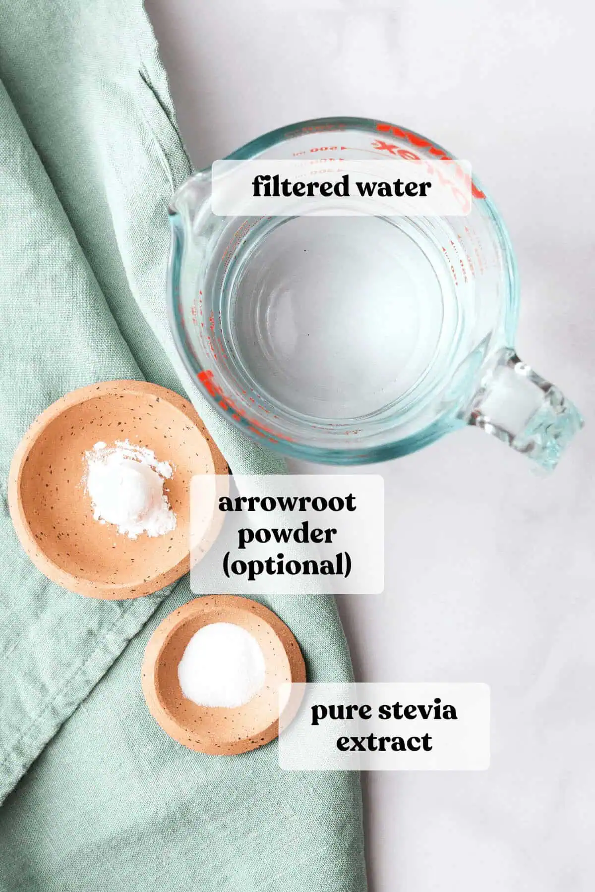 overhead image of ingredients on counter with green tea towel and text labels