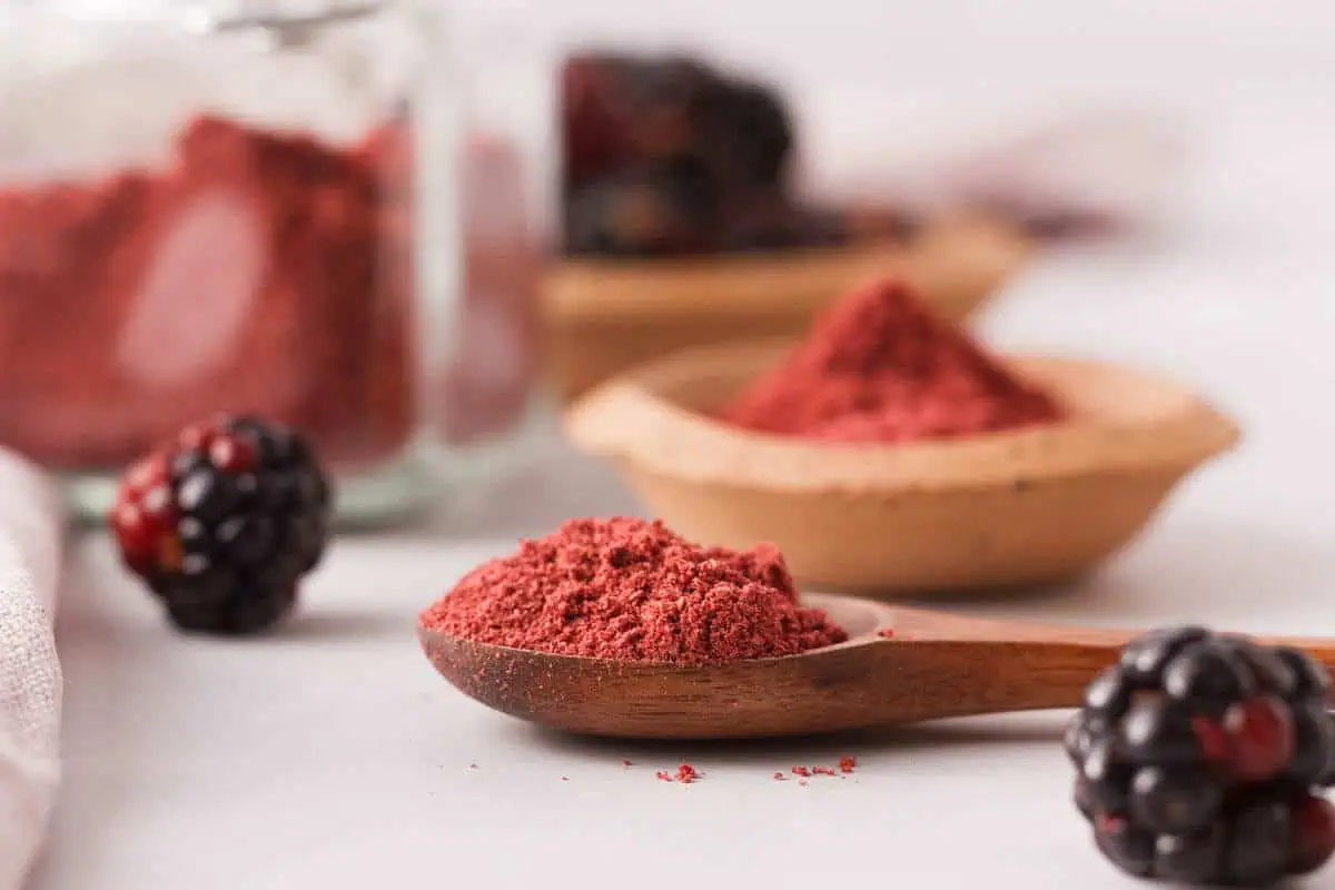 closeup of blackberry powder on wooden spoon with ingredients blurred in background
