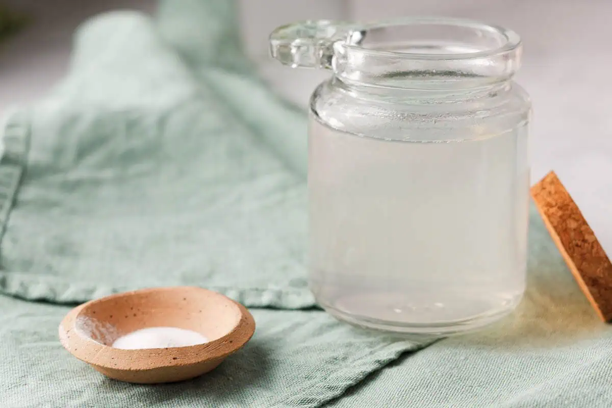 glass jar of sugar free simple syrup on tea towel next to small dish of pure stevia extract