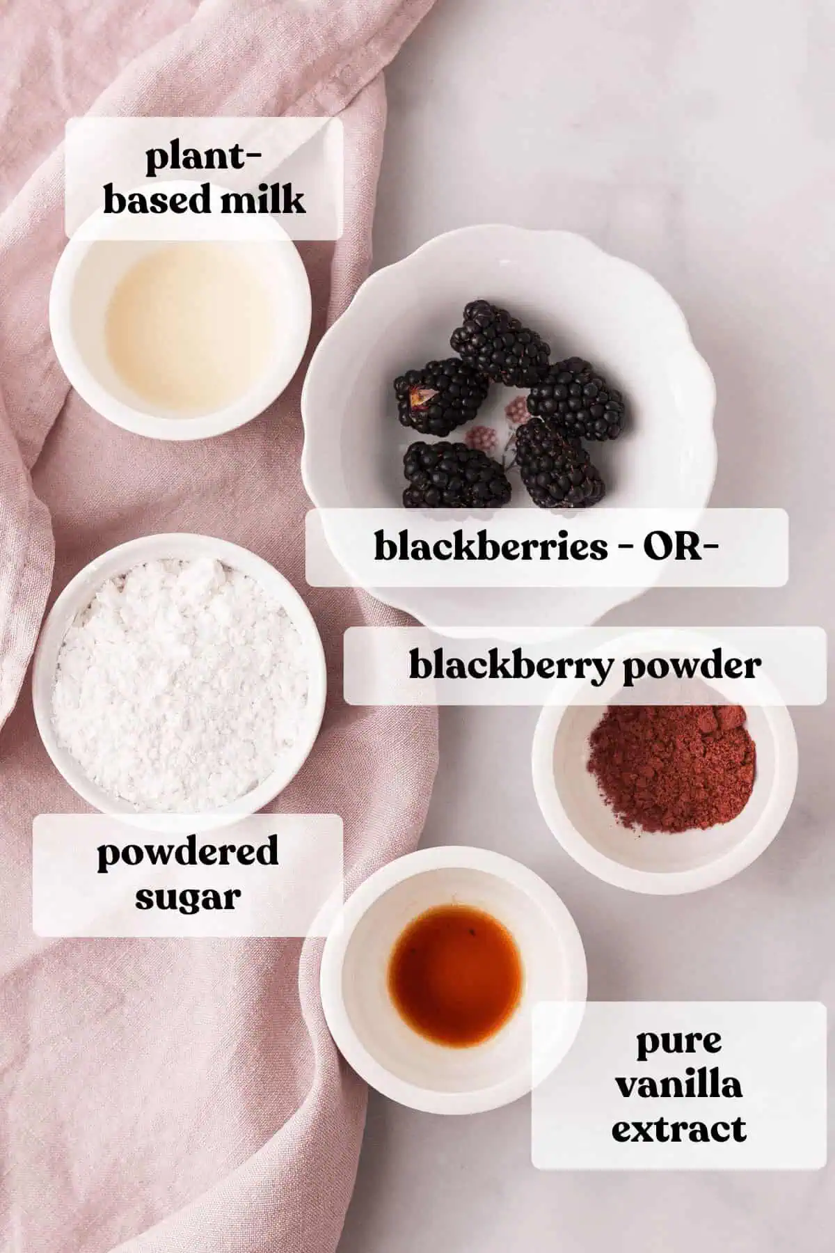 overhead image of blackberry icing ingredients with text labels