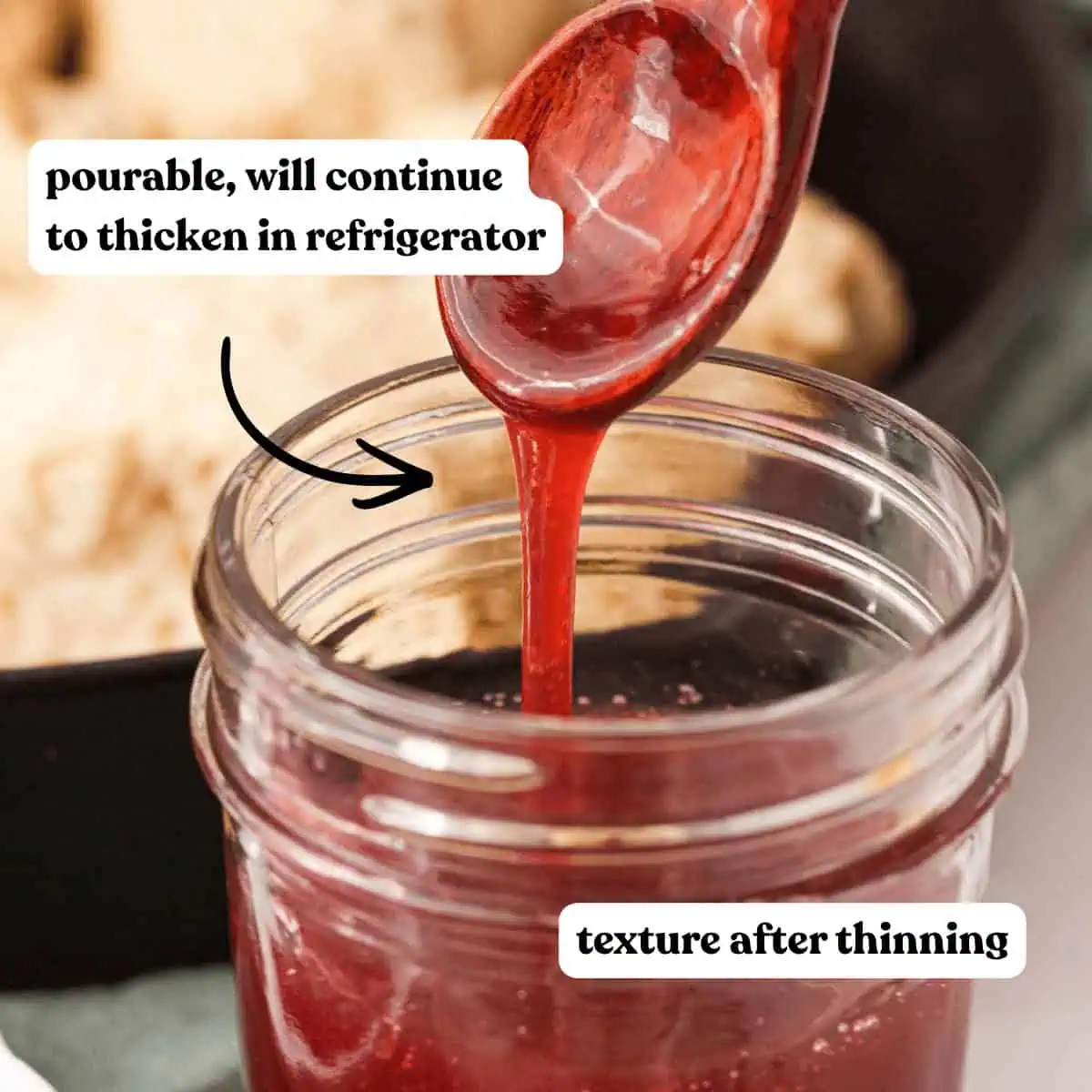 closeup of spoon emerging from jar of beautyberry jelly to show consistency and text labels describe the difference between thick and thinner versions