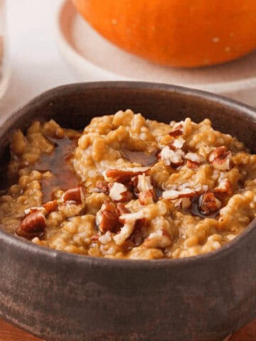closeup of pumpkin steel cut oatmeal in bowl