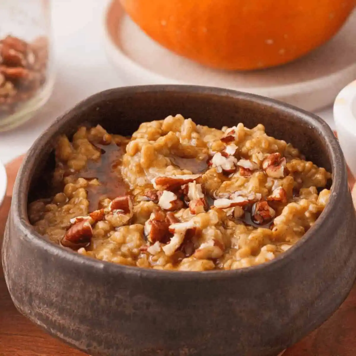 closeup of pumpkin steel cut oatmeal in bowl