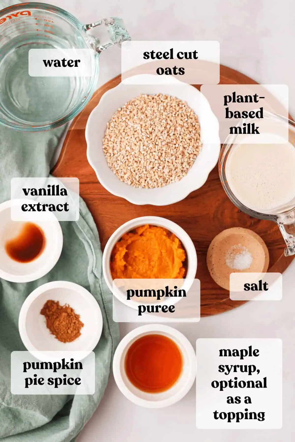 overhead image of ingredients for pumpkin steel cut oatmeal with text labels for identification