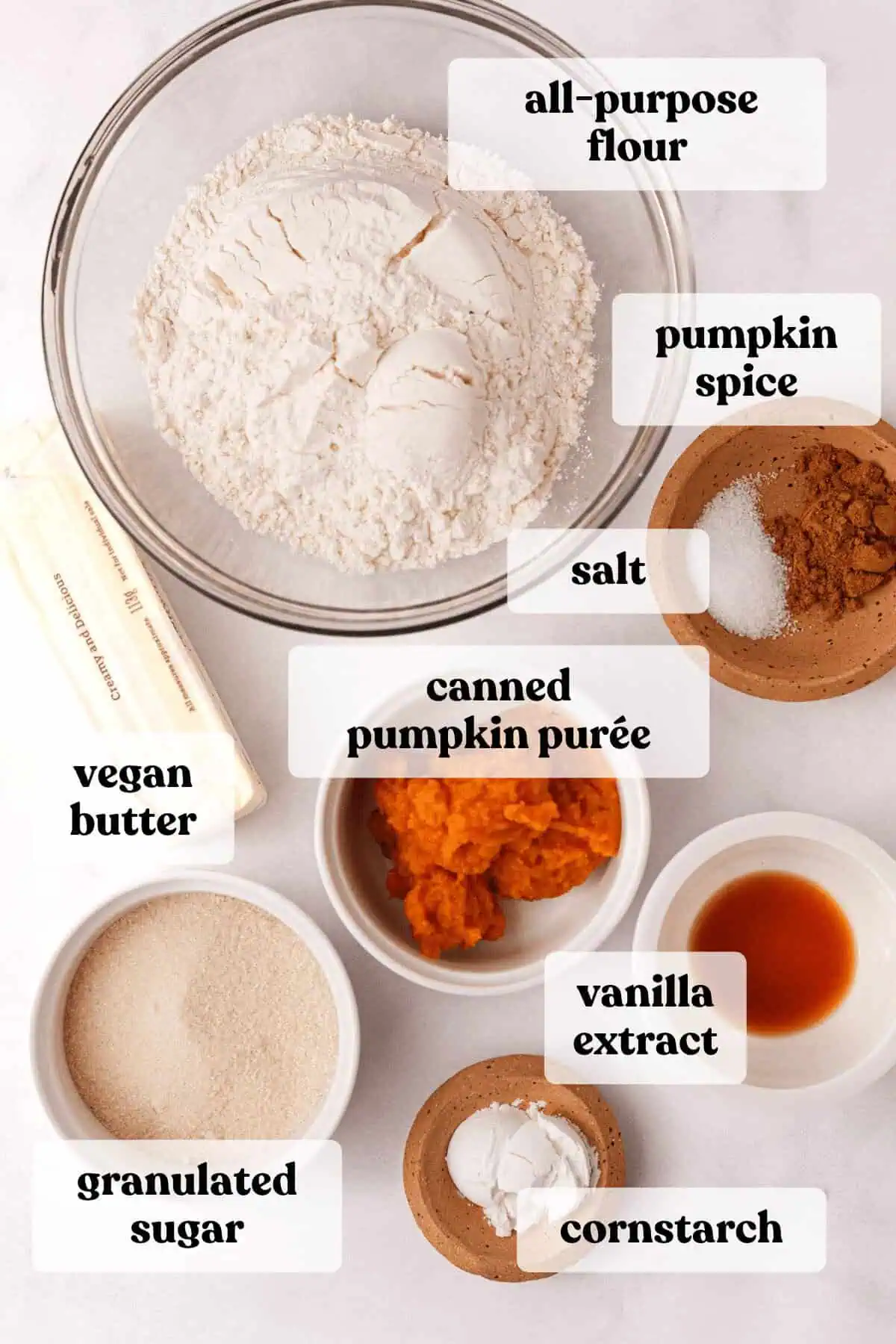 overhead image of pumpkin shortbread cookie ingredients with text labels
